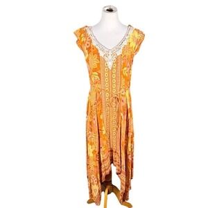 Lola P Floral‎ Lace V-Neck Handkerchief Hem Midi Dress Orange Yellow Womens M